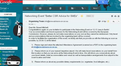 Email invitation to the event "Better CSR Advice for SMEs" Image-scrren print of Email invitation to the event "Better CSR Advice for SMEs"